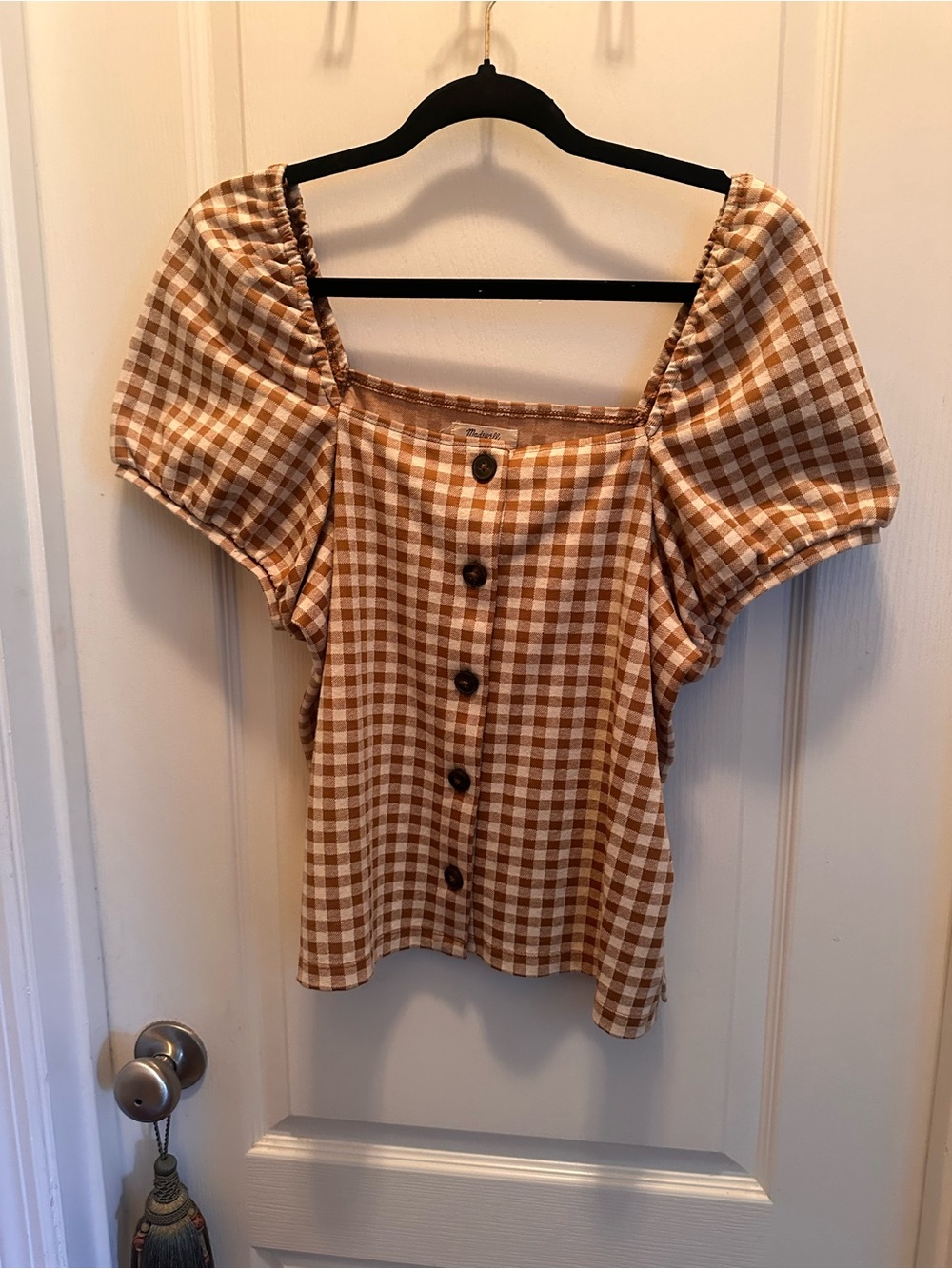 Madewell Tan and White Gingham Puff-Sleeve Button Blouse